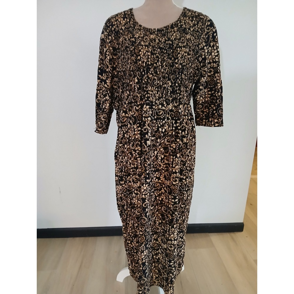 Studio 1940 Womens Black Tan Floral Smocked Modest Dress Sz 18/20 Altered - Read